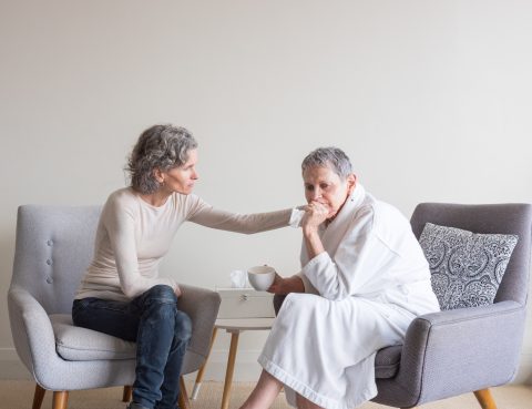 Adult Child with Anxious Elderly Mother